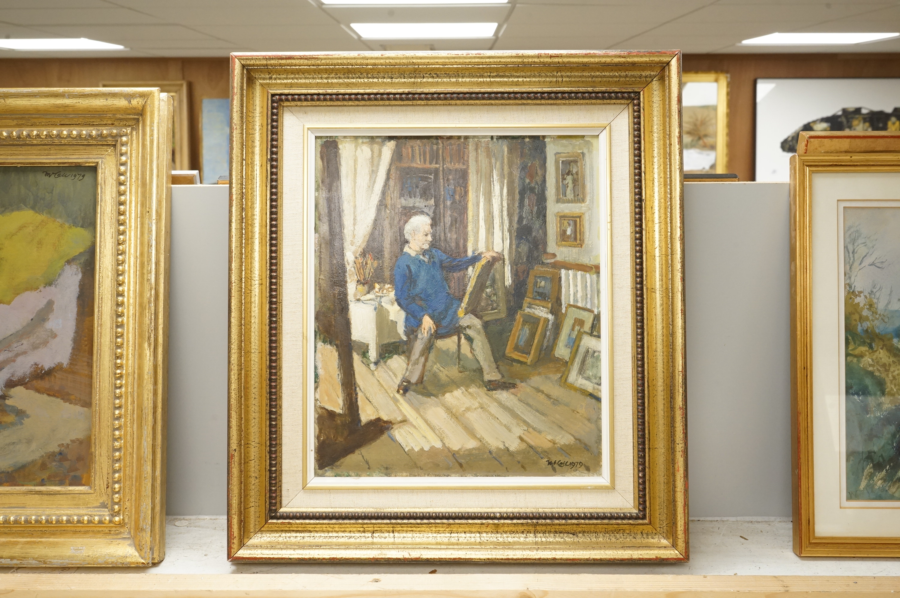 Charles McCall (Scottish, 1907-1989), 'The Studio', signed and dated 1979, various labels verso to include Christies, St. James, London, September 1995 and inscribed King Street Galleries label, oil on board, 31 x 26cm